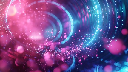 Wall Mural - Glowing particles of data streaming through a pink and blue neon tunnel, surrounded by bokeh orbs