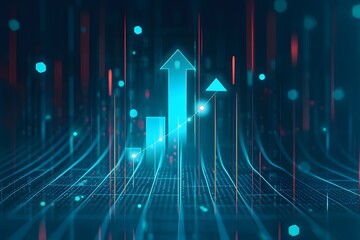 Poster - a blue background with glowing arrows pointing upwards, representing the upward trend of global digi