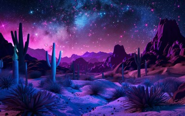 Illustrate a neon desert under a starry sky, with cacti and sand dunes casting vibrant, glowing shadows Add a touch of mystery and wonder to the scene