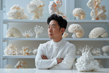 Poster - scientist developing artificial intelligence solutions with a digital brain hologram in the backgrou