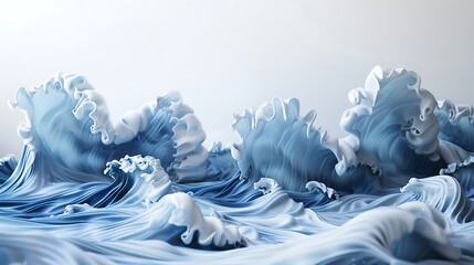 Wall Mural - Prussian blue wave crests rolling onto a white porcelain landscape