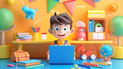 happy schoolchildren Work from home on the internet online children's illustrations