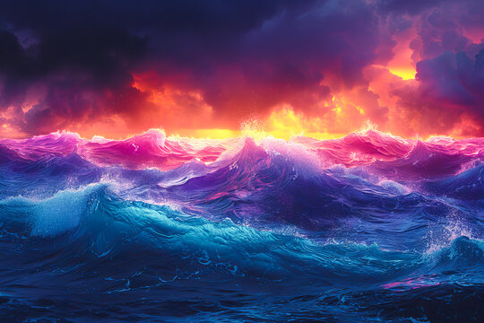Vibrant digital artwork of large ocean waves under a dramatic sunset sky