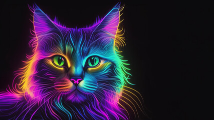 Wall Mural - Glowing neon rainbow cat line design on black background