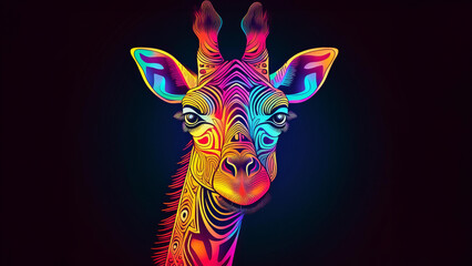 Wall Mural - Glowing neon rainbow giraffe on black background