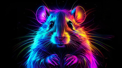 Glowing neon rainbow hamster on black background