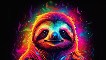 Wall Mural -  neon light glowing sloth on black background