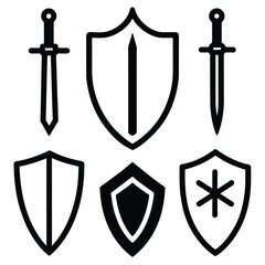 Wall Mural - Set of black outline sword and shield icon vector design