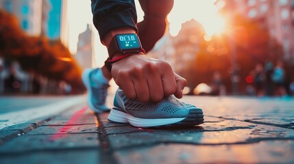Wall Mural - Wearable fitness tracker with wearable smart technology: a man exercising cardio and monitoring his heart rate with a sports watch. running shoes in grey on a city street.
