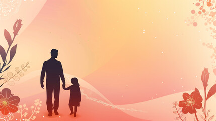 Wall Mural - An elegant Father's Day background with an illustration of a father and child holding hands, set against a soft gradient backdrop with decorative elements and space for text.
