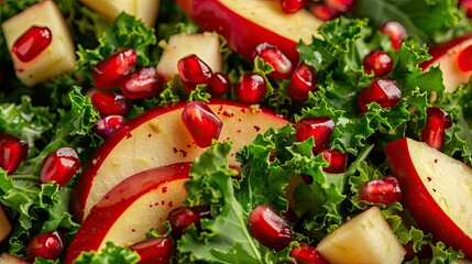 Wall Mural - Close-up of a detox salad with kale, apples, and pomegranate seeds, highlighting vibrant colors and freshness