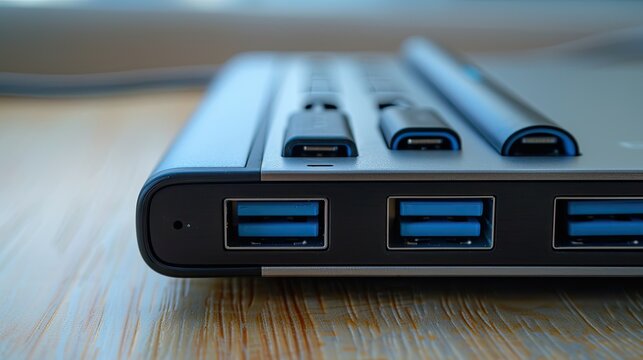 Close-up of a portable power bank with multiple USB ports, offering convenience for charging various devices