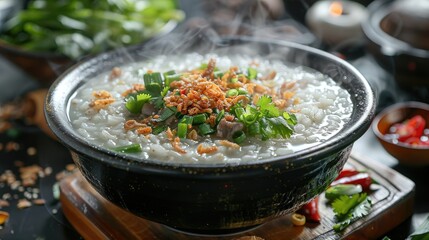 Steaming bowl of congee with succulent pork and crunchy fried garlic, accompanied by fresh vegetables on the side