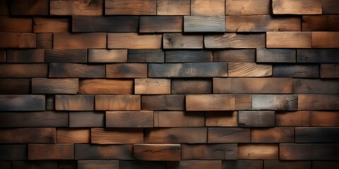 Wall Mural - Detailed View of Textured Brown Hardwood Plank Wall with Brickwork Pattern. Concept Architecture, Interior Design, Textures, Woodwork, Brickwork