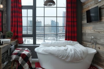 Sticker - Cozy bedroom with white bed, red plaid curtains, and large window view, creating a warm and inviting retreat