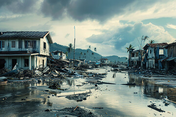 Wall Mural - Generative ai on theme of city destroyed street flooded after massive floods and natural big rains