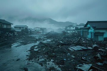 Wall Mural - Generative ai on theme of city destroyed street flooded after massive floods and natural big rains