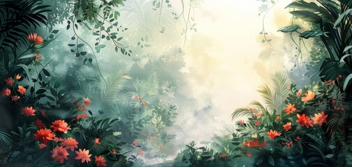 Wall Mural - Lush tropical rainforest with vibrant flowers and green foliage, illuminated by a soft ethereal light breaking through the canopy.