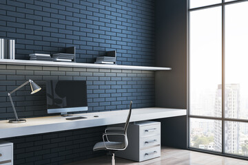 Poster - Side view of modern dark home office interior with workplace, window with city view and brick wall. 3D Rendering