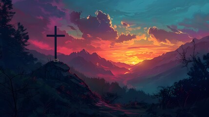 Wall Mural - Crucifixion Of Jesus Christ - Cross At Sunset