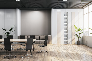 Wall Mural - Luxury wooden and concrete meeting room interior with panoramic window, city view and daylight. 3D Rendering,