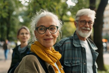 Wall Mural - portrait of smiling senior woman in eyeglasses standing with friends in city