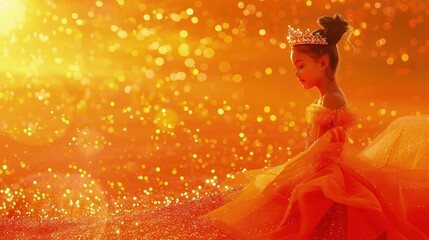 A scene with a young girl in a bright orange princess frock with a glowing topaz crown, against an orange glitter background that mimics a vibrant sunset.