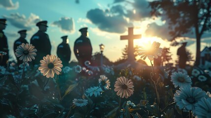 graveside service with several public safety personnel in uniform gathered around a grave,