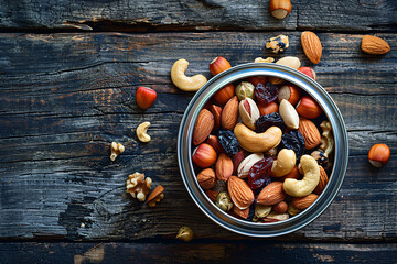 a bowl of mixed nuts and raisins
