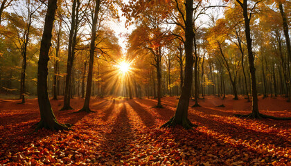 Poster - Lever de soleil dans une forêt d'automne