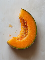 Fresh and juicy melon slices with two halves shown, showcasing the slightly watery texture and vibrant appeal in food advertising photography.