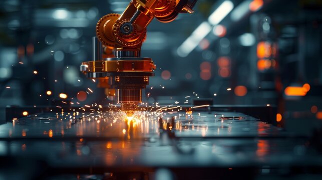 close-up of a robotic arm welding in a modern factory, showcasing advanced automation technology and