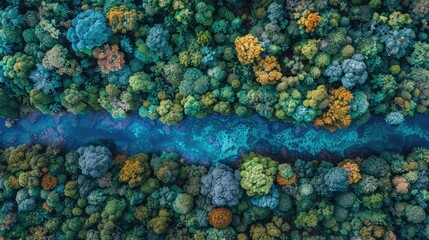 High angle view of the sea covered with dense forests forming the shapes of continents on a world map, symbolizing natural greenery and global conservation 