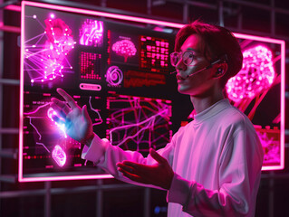 Poster - Machine learning scientist presenting a new algorithm to colleagues, with holographic displays of data and graphs in the background