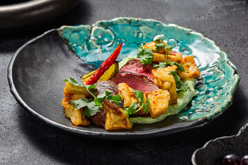 Sticker - Marbled beef steak with crispy eggplants and wasabi puree, aesthetically pleasing and gourmet