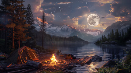 Wall Mural - there is a campfire in the middle of a lake with a mountain in the background