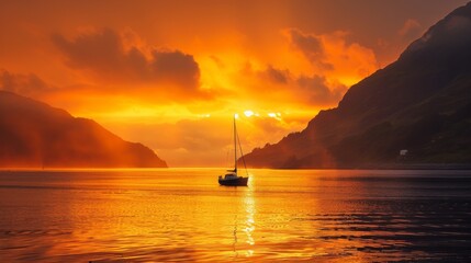 Wall Mural - the sun is setting over the ocean, casting a warm glow on the water