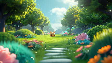 Poster - there is a cartoon picture of a garden with flowers and trees