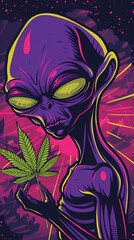 Sticker - alien with marijuana leaf in hand on a dark background