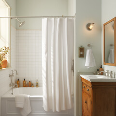 Wall Mural - there is a white shower curtain hanging in a bathroom