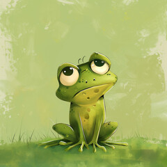 Poster - there is a cartoon frog sitting on the grass with a sad look