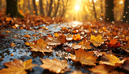 Poster - Tapis de feuilles d'automne sous la pluie