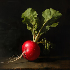 Poster - there is a radish with a leafy stem on a table