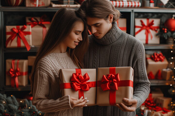 Wall Mural - araffe couple holding a present in front of a christmas tree