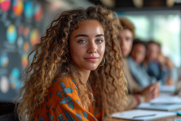 Wall Mural - there is a woman with long curly hair sitting at a table