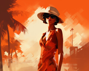 Poster - there is a woman in a red dress and hat walking on the beach