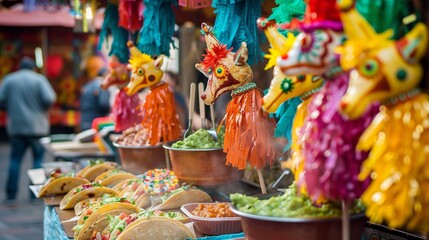 A bustling Mexican street fair features vibrant stalls with tacos, salsa, guacamole, piñatas, and decorations.