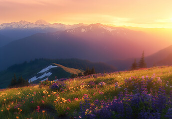 Poster - mountains in the distance with a field of flowers in the foreground