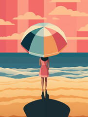 Wall Mural - there is a woman standing on the beach with an umbrella