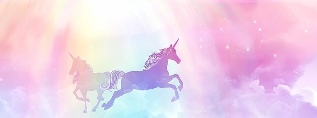 Wall Mural - A dreamy, fantasy background with unicorns and rainbows in pastel hues